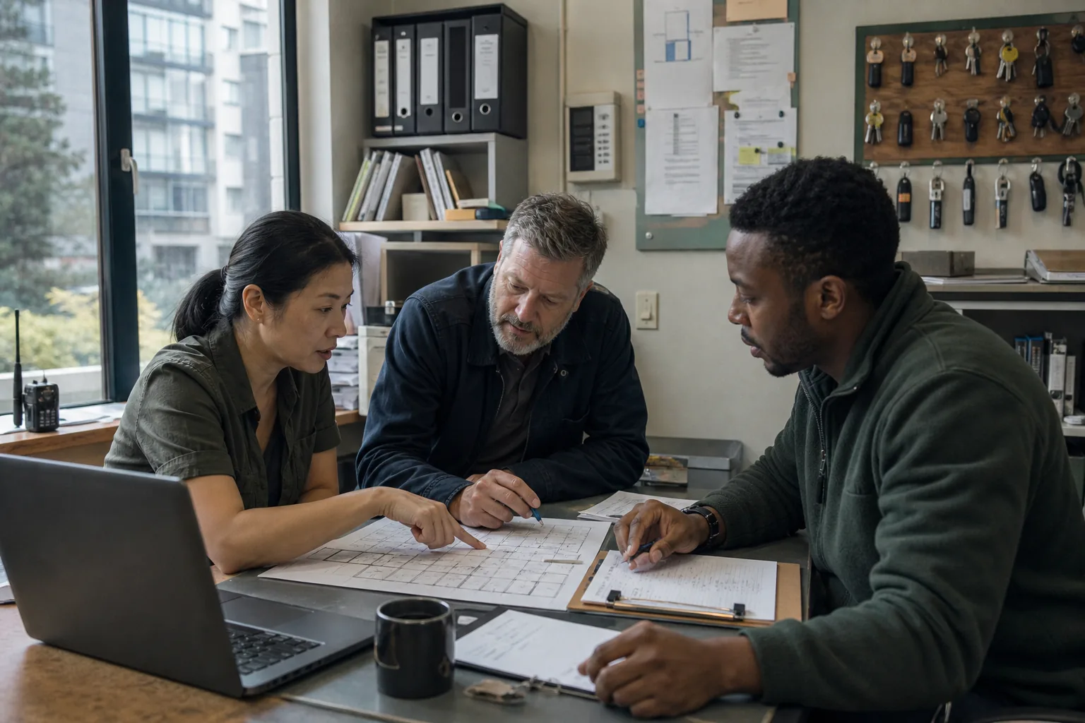 Property operations team reviewing a building plan and maintenance work order